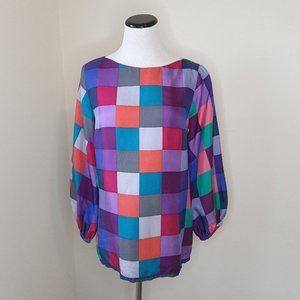Britt Ryan Purple Checkered Balloon Sleeve Silky Blouse Exposed Zip Colorful